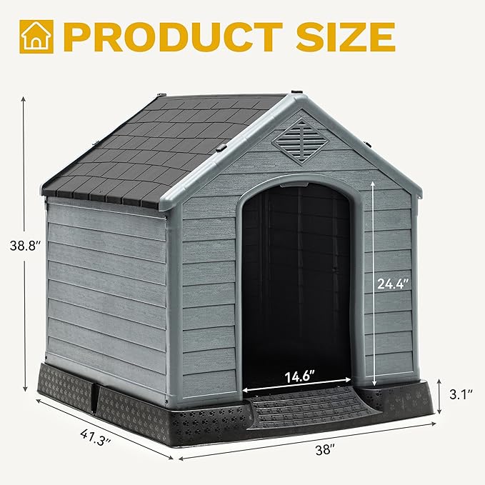 DWVO Spacious Plastic Dog Shelter, Weatherproof Outdoor/Indoor Doghouse, Puppy Kennel with Air Vents and Elevated Floor, 41.3''L*38''W*38.8''H, Black+Gray