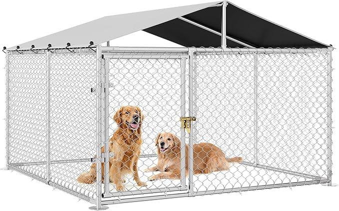 DWVO Outdoor Dog Enclosure with Roof, 7.5'x7.5' Dog Kennel Outside with Metal Gate, Dog House Large Dogs for Yard