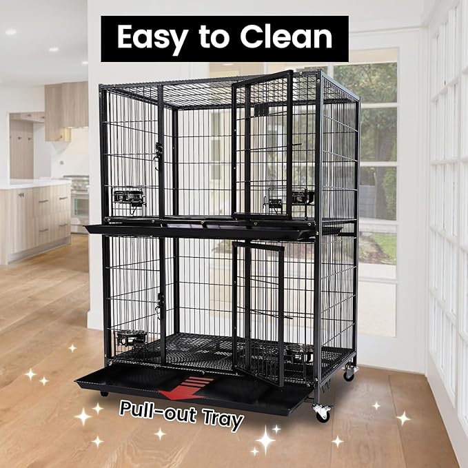 Homey Pet Two Tiers 37 Inch Dog Crate Cage Kennel with Feeding Door and Bowls, Lockable Wheels and Removable Tray, Escape Proof Metal Wire Heavy Duty Dog Crates for Medium/Small Sized Dogs (4 Pack)