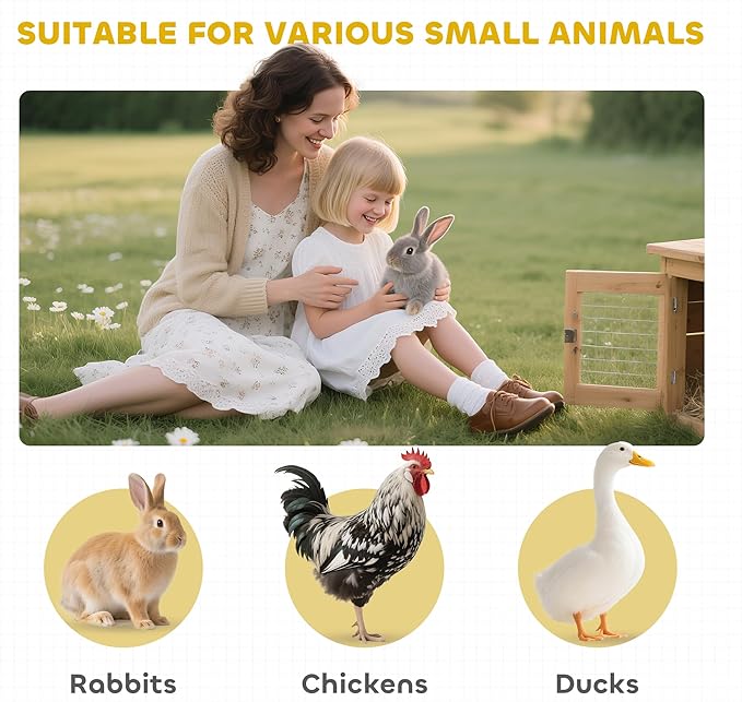 PawHut Rabbit Hutch with Wheels, Desk and Side Table Sized, Wooden Rabbit Cage, Waterproof Small Bunny Cage with Removable Tray, Openable Roof, for Indoor & Outdoor, Natural