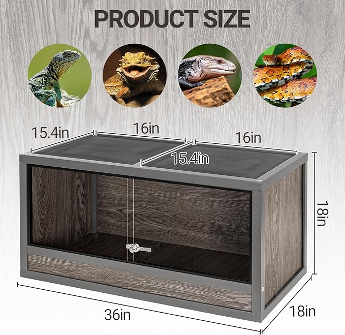 50 Gallon Reptile Tank, 36" x 18" x 18" Wooden Reptile Terrarium with Sliding Door & Top Screen Ventilation, Suitable for Bearded Dragon Ball Python Gecko Lizard, Better Insulation