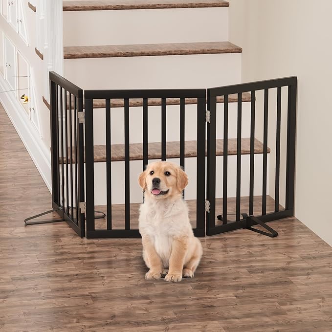 Dog Gate, Freestanding Dog Gates for Doorways, Foldable Dog Gate Indoor, Pet Gates for Doorways Bedroom, Puppy Gate with Metal Support Feet, Room Divider 3 Panels (Black)