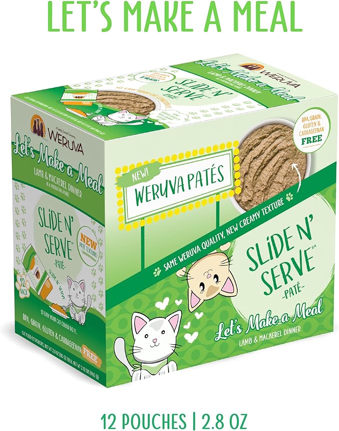 Weruva Wet Cat Food, Lets Make a Meal with Lamb and Mackerel Pate, 2.8oz Slide N Serve Pouch, Pack of 12