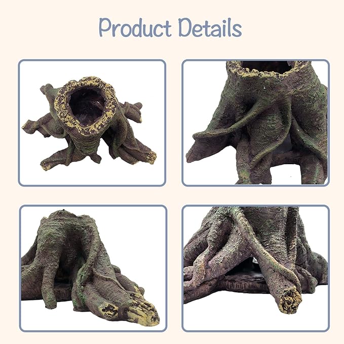 PINVNBY Bearded Dragon Tank Accessories,Crested Gecko Tree Stump Decorations Resin Reptile Hollow Tree Root Habitat Hideouts Cave Jungle Vines Ornament for Lizard Chameleon Snake Gecko(4 PCS)