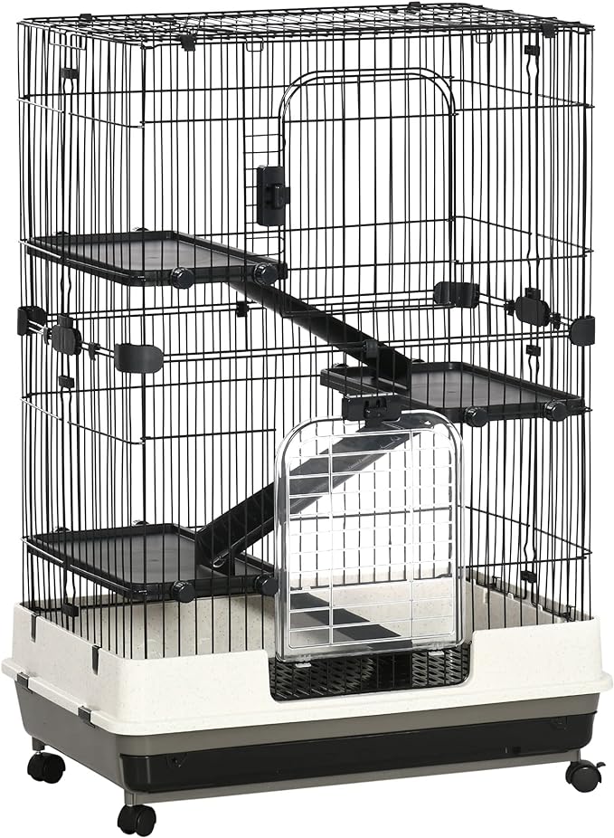 PawHut 4-Level Small Animal Cage Rabbit Hutch with Wheels, Removable Tray, Platform and Ramp for Bunny, Chinchillas, Ferret, Black