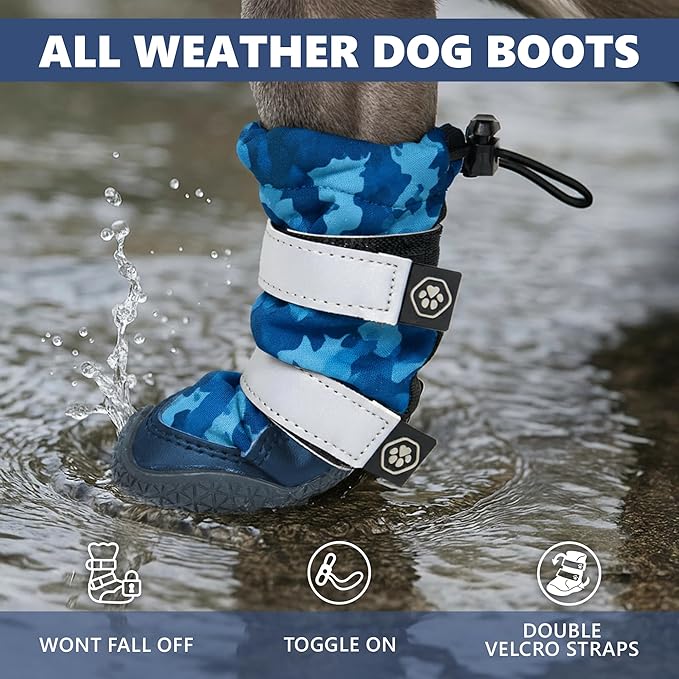Spark Paws Dog Shoes, Waterproof Dog Boots for Medium to Large Dogs, Non Slip, Breathable Dog Booties and Paw Protectors - 4PCS Doggie Hiking Boots with Reflective Straps, Blue Camo, Size 2