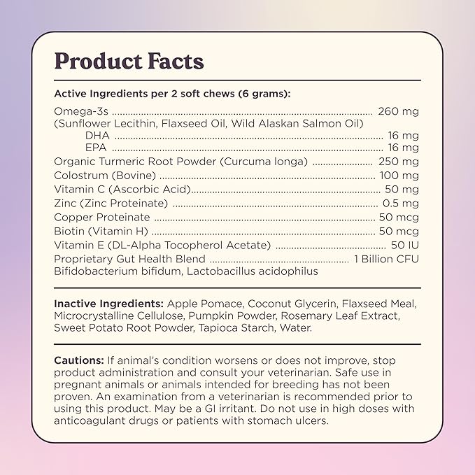 Glowing Skin and Coat Supplement for Dogs, 90 Soft Chews, Probiotics for Dogs with Colostrum, Omega 3 Fatty Acids, Salmon Oil, and Turmeric, Supports Seasonal Allergies & Itchiness