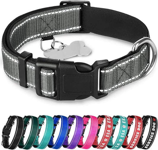 TECEUM Reflective Dog Collar – Gray – XS – Extra Soft Padding – Basic Nylon Pet Collar – Quick Release Buckle – Fits Small, Medium and Large Dogs, Puppies, Cats – ESA & Service Dog Options