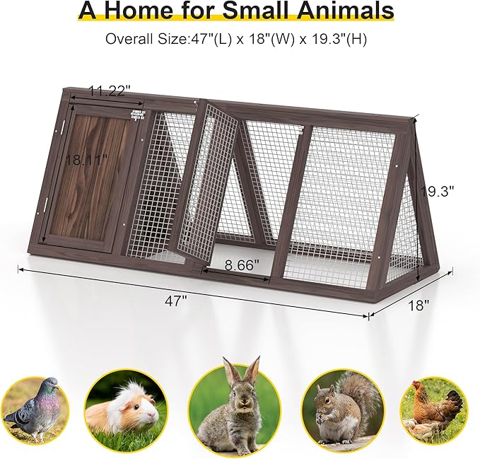 Rabbit Hutch, Small Chicken Coop Outdoor A-Frame Quail Cage with 2 Door & Run Cage Wooden Triangle Quail Hutch with Ventilating Wire Poultry Hutch for Small Animal (Brown)