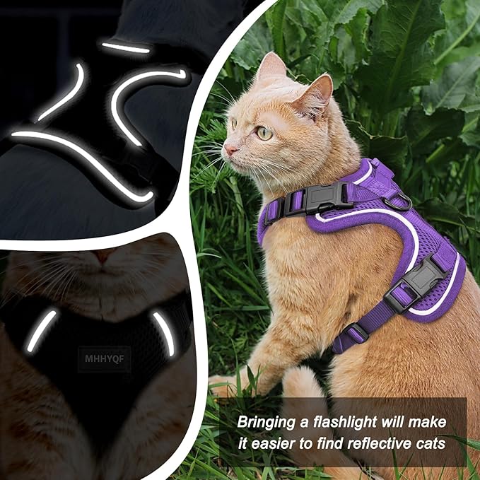Cat Harness and Leash Set for Walking Escape Proof, Improved Four Place Adjustable Cat Car Harness, Soft Kittens Vest with Reflective Strip for Cats, Comfortable Outdoor Vest, Purple, XS