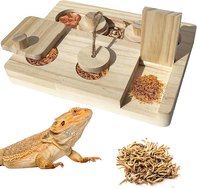 FlidRunest Bearded Dragon Feeder Puzzle, Wooden Lizard Feeding Box, Reptile Interactive Enrichment Food Feeder Training Treat Dispenser for Lizard Bearded Dragon Frog Hamster