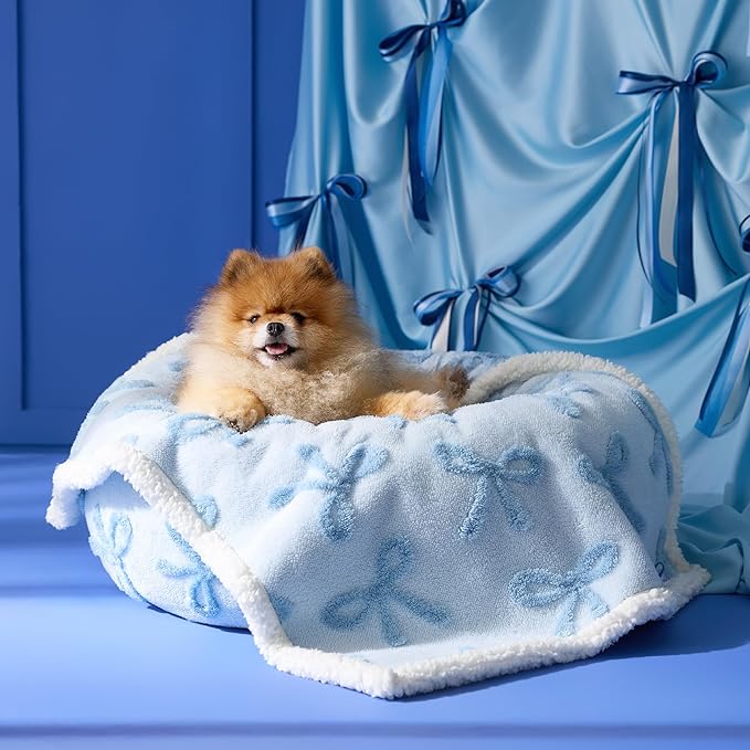 Lesure Waterproof Puppy Blanket for Small Dogs - Washable Double Sided Dog Blankets with Warm Jacquard Shag and Soft Sherpa Fleece, Pet Cat Blanket for Couch Protection, Bow Design,Ice Blue