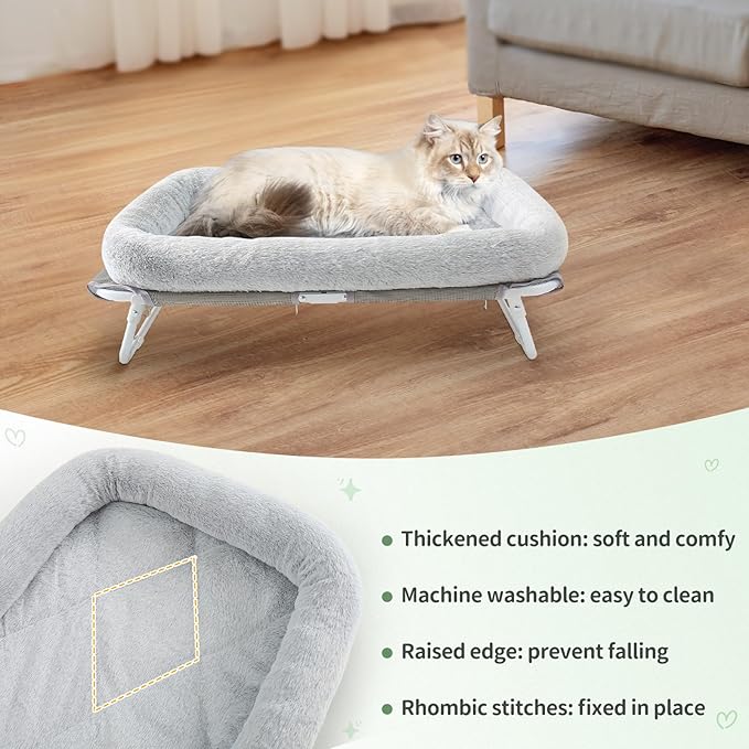 Sunhoo Elevated Cat Bed Foldable Raised Pet Hammock Self-Supporting Puppy Lounger with Off Floor Metal Frame Washable Cover for Small Dog Kitten Indoor Use 25.2x15.75x7.48 in(Grey)