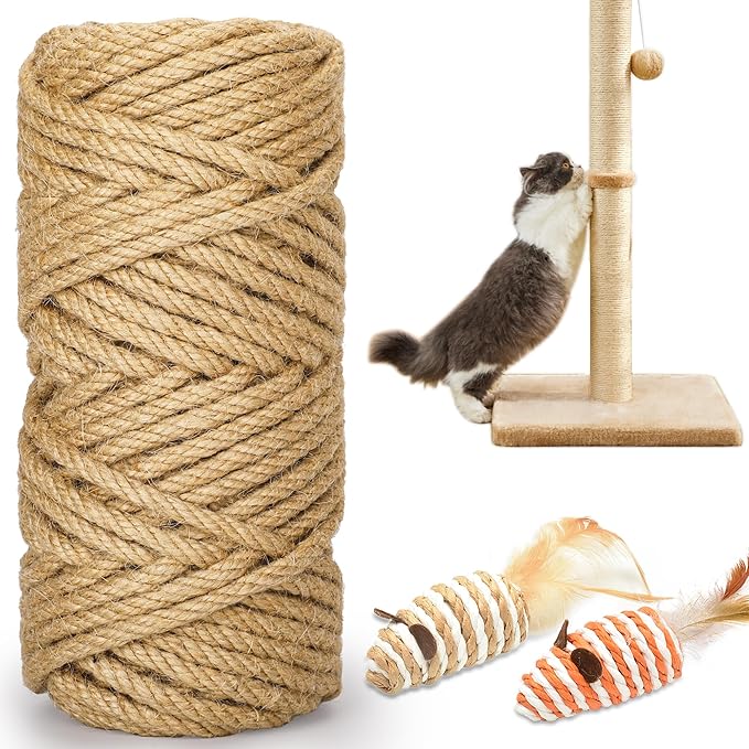 98FT/30M Cat Scratching Sisal Rope, 6mm Thick Natural Jute Rope for Scratch Posts, Cat Trees, DIY Projects, Sisal Rope for Scratcher with 2 Mouse Toys (Natural, 98ft)