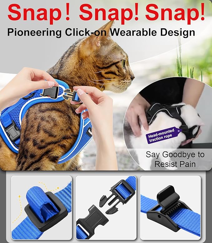 Cat Harness and Leash for Walking Escape Proof Soft Adjustable Cat Leash Breathable Comfortable Vest Easy to Wear Kitten Harness for Outdoor Travel Blue M