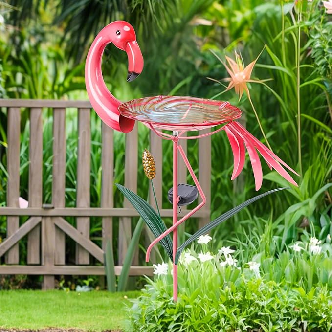 VCUTEKA Glass Bird Bath Outdoor Solar BirdBath Bird Feeder with Metal Stake Garden Decor, Flamingo