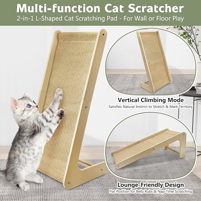 Fhiny Sisal Cat Scratcher Ramp with Replaceable Mat, 28" Large Vertical Cat Scratching Pad for Indoor Cats L Shape Sisal Cat Scratching Mat Scratch Board Climbing Wooden Frame Wall Furniture Protector