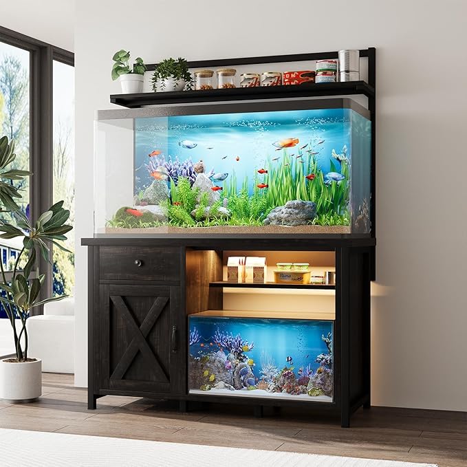 4ever2buy 55-75 Gallon Fish Tank Stand with Power Outlet, Led Light, Heavy Duty Aquarium Stand with Cabinet for Fish Tank Accessories Storage, Shelf, for Turtle Tank, Reptile Terrarium, 1100 LBS, Oak