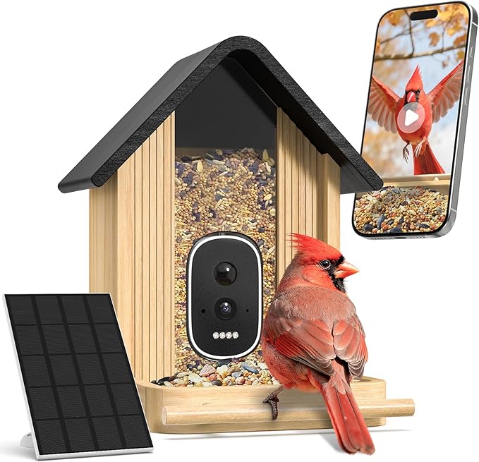 Smart Bird Feeder with Camera,Premium Bamboo Birdfeeder,2.5K UHD Bird Camera AI Identifies, Real-time Bird's Videos & Pictures, Solar Powered Wireless Outdoor, Ideal Present for Parent