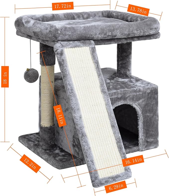 Small Cat Tree for Indoor Cats,Cat Tower with Scratching Post and Board,Cat House with Perch for Kitten, Stable Condo and Stand (Light Grey)