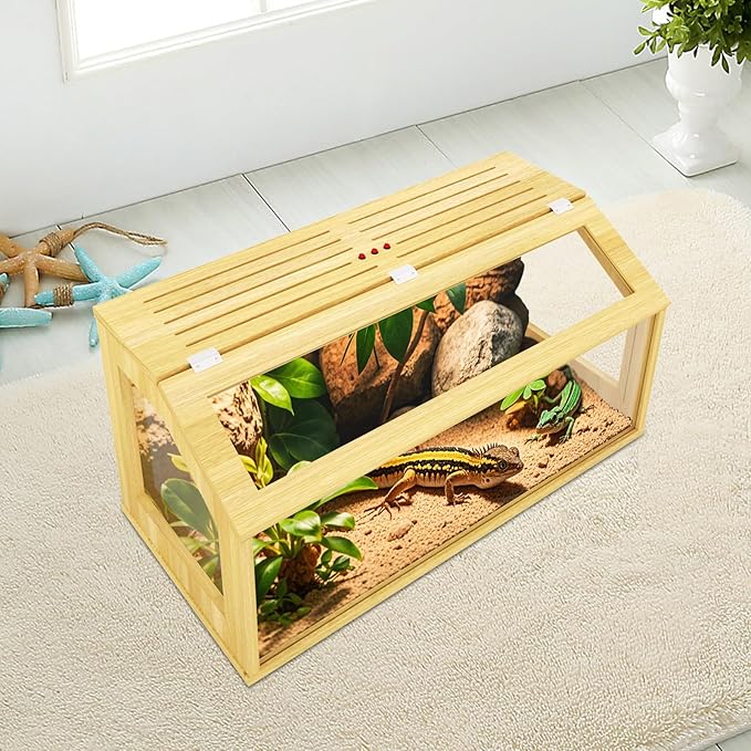 67 Gallon Reptile Tank, Wooden Bearded Dragon Terrarium Tank with Top Ventilation, Large Reptile Enclosure for Snake, Lizard, and Leopard Gecko, Includes Feeding Tongs, 40" L x 20" W x 20" H