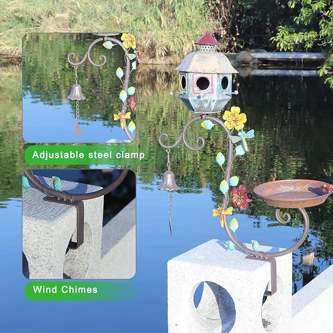 Deck Bird Bath, Metal Bird Bath and Bird Houses, Decorative Deck Mounted Bird Baths, Detachable and Adjustable Sturdy Deck Bird Bath for Outdoor Porch Yard Garden Decoration