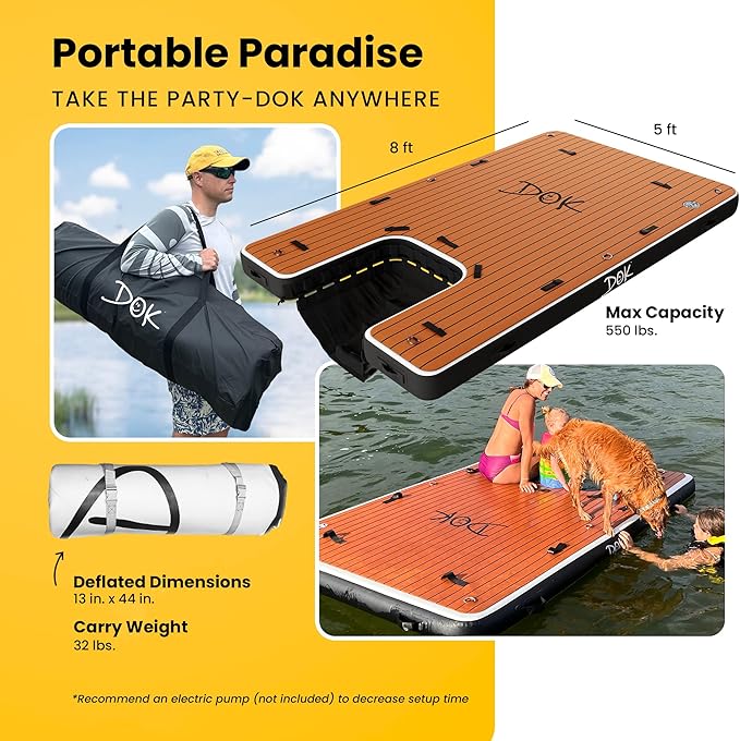 DOK Party-DOK Inflatable Dock Platform: Safe & Easy Water Access; Floating Non-Slip EVA Foam with Water Ramp for Pool, Dock, & Lake | Military Grade & High Visibility