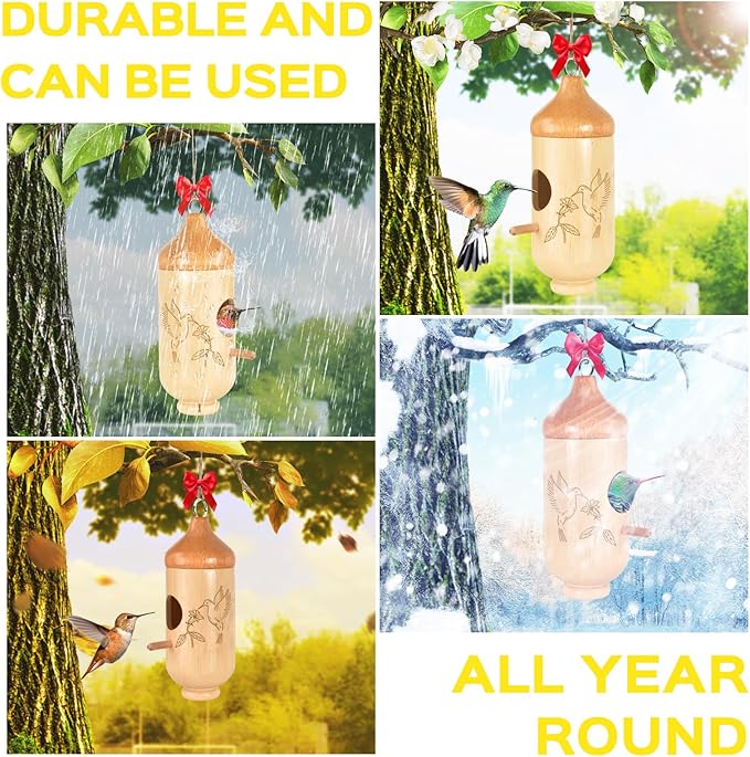 Hummingbird House, Solid Wood Hummingbird Houses for Outside-Exquisitely Handcrafted Birdhouse with Ribbon and String Hanging Kit, Durable Garden Decor, Perfect Gardening Gift(Style-C, 1 Pack)