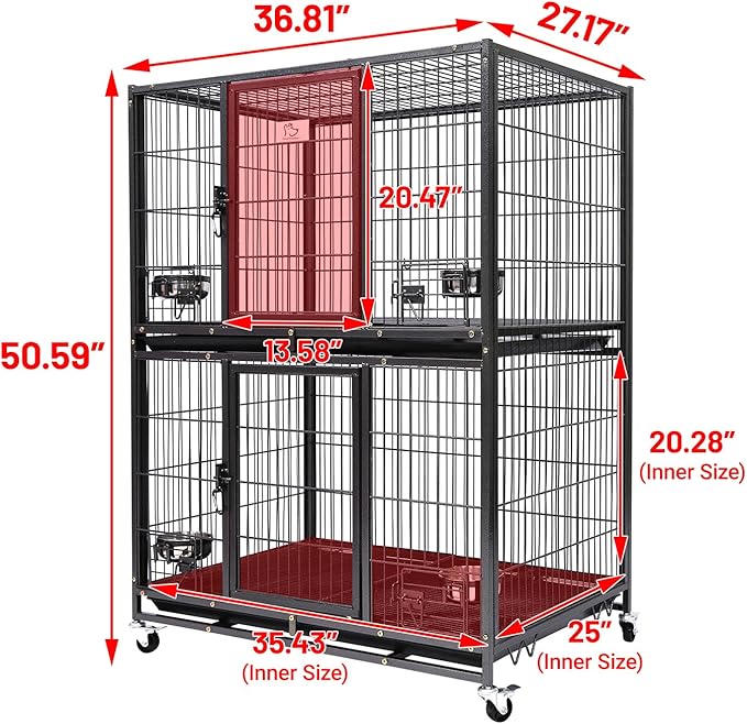 Homey Pet Two Tiers 37 Inch Dog Crate Cage Kennel with Feeding Door and Bowls, Lockable Wheels and Removable Tray, Escape Proof Metal Wire Heavy Duty Dog Crates for Medium/Small Sized Dogs (6 Pack)