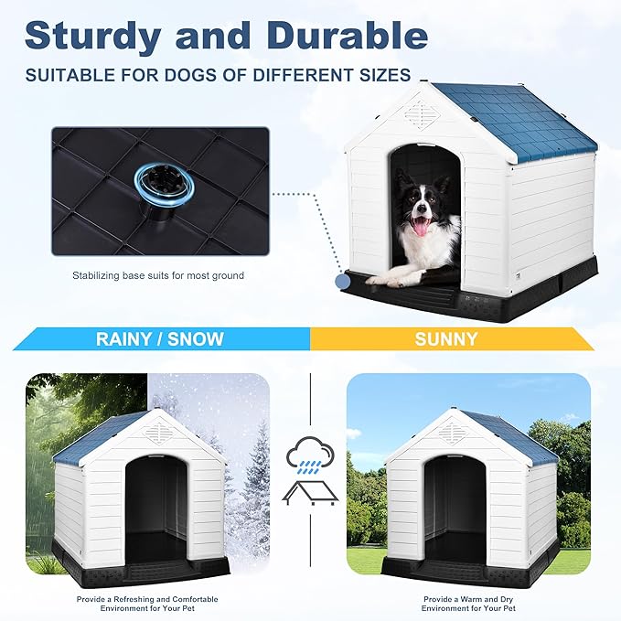 Plastic Dog House, Insulated Doghouse Puppy Shelter, Water Resistant Easy Assembly Sturdy Dog Kennel with Elevated Floor and Air Vents, Ventilate for Small to Large Sized Dogs (29-Inch, Blue)