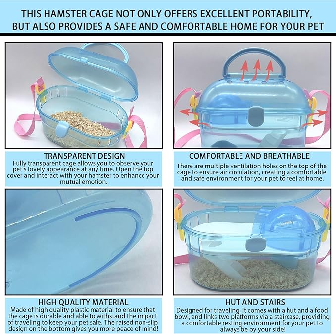 Portable Hamster Cage Syrian Hamster Carry Travel Cage with Water Bottle Food Bowl Adjustable Strap Small Animals Outgoing Cages for Gerbil Squirrel Guinea Pig Chinchilla Hedgehog Blue