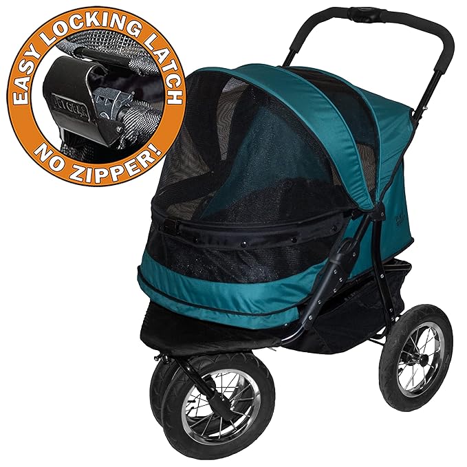Pet Gear NO-Zip Double Pet Stroller, Zipperless Entry, for Single or Multiple Dogs/Cats, Plush Pad + Weather Cover Included, Large Gel-Filled Tires, 1 Model 3 Colors New Pine Green