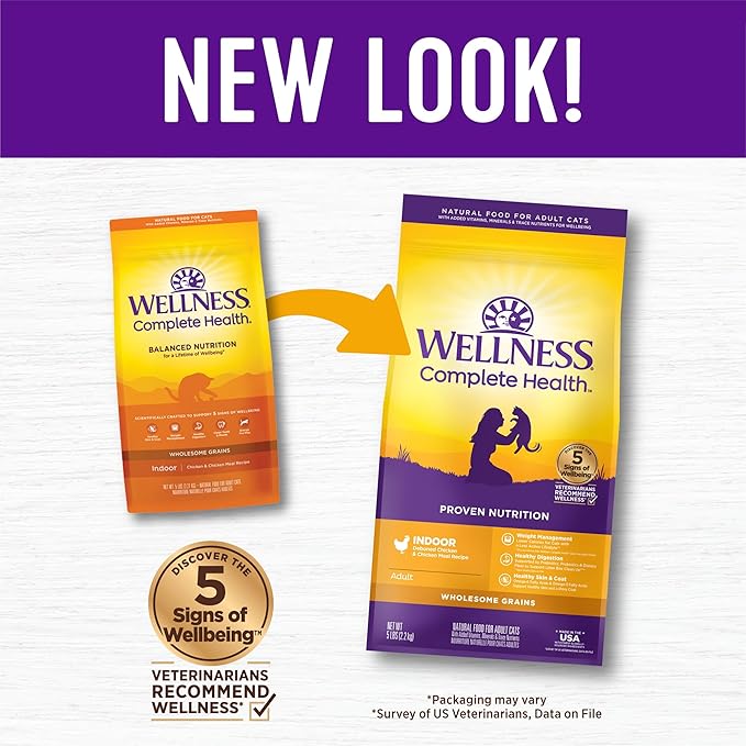 Wellness Complete Health Adult Dry Cat Food for Indoor Cats, Wholesome Grains, Natural, Chicken (5 Pound Bag)