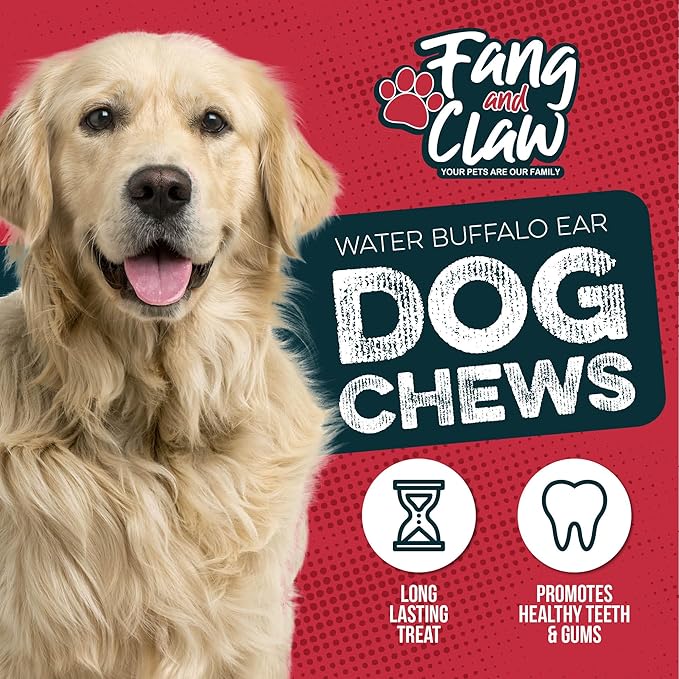 Fang & Claw Water Buffalo Ears for Dogs (100 Pack) - Free Range Grass Fed Low Calorie All Natural Dog Chews - Healthy Dental Chew Bone Alternative - No Rawhide Dog Chews - Long Lasting Natural Treats