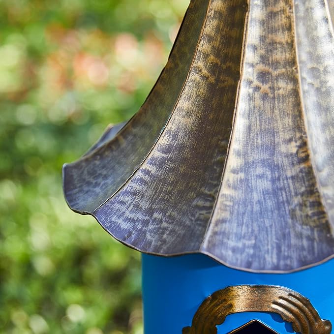 Glitzhome 32”H Metal Hanging Birdhouse for Outdoors Oversized Farmhouse Pagoda Painted Bird House with Bronze Roof for Bluebird Wren Chickadee Sparrow Bird Nest Box for Garden Patio, Retro Blue