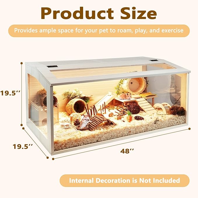Prolee Hamster Cage Chew Proof Wood, 48 Inch Mice and Rat Habitat Openable Top with Acrylic Sheets Solid Built, 48 x 19.5 x 19.5 Inch