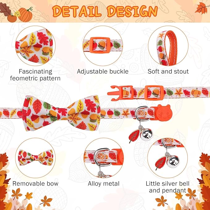 SCENEREAL Fall Cat Collar Breakaway with Bell and Bowtie, 2 Pack Cute Holiday Cat Collars, Adjustable Kitten Collar, Safety Buckle Collar for Girls Boys Cats Dogs Pets, White Green