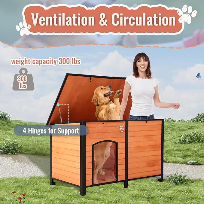 Outdoor Dog House, Indoor Outdoor Doghouse Puppy Shelter Dog House with Iron Frame,Anti-Bite Design Dog Home for Small Medium Some Large Dogs (Orange, Large)