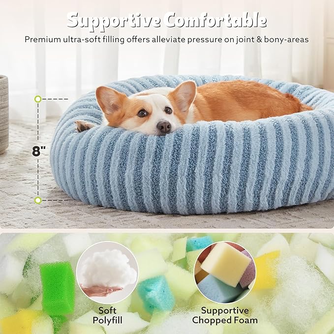 MIXJOY Donut Medium Dog Beds Medium Sized Dogs, Round Pet Beds with Removable Washable Cover, Faux Fur Cat Bed with Anti-Slip Bottom, 30"x30"x8", Blue