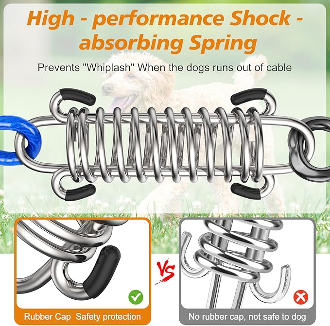 Tresbro 120FT Dog Tie Out Cable with Spring, Shock Absorbing Tether Chains for Outside Aavilable in 10/15/20/25/30/40/50/70/100/120 FT, Heavy Duty Leads for Yard for Medium & Large Dogs Up to 500 LBS