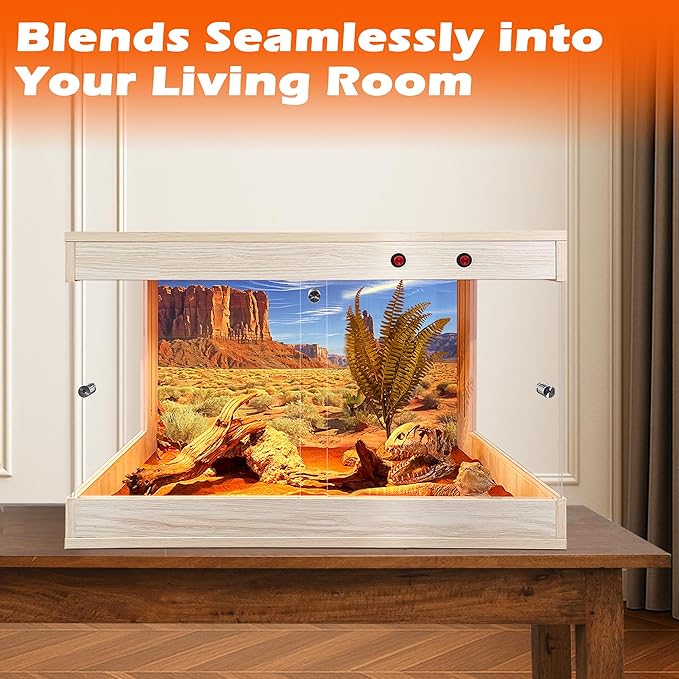 Royxen Tempered Glass Reptile Tank 29 Gallon, Reptile Enclosure with Metal Mesh Top and Lockable Design, Bearded Dragon Tank for Lizard Habitat, 24"x18"x18", Oak