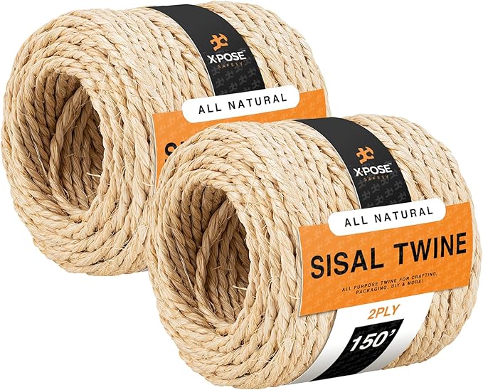 Sisal Twine - 2 Ply 150 Ft Thin Natural Fiber Rope on Spool - Cat Scratching Post, Rope for Cat Scratcher, Cat Tree Replacement Parts, Pet Toy - Decorative Cordage for Crafts, Pole Wrap 2Pack