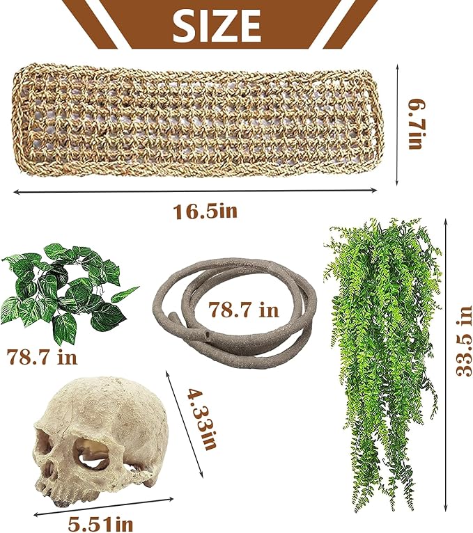 kathson Bearded Dragon Terrarium Skull Decoration, Reptile Tank Habitat Resin Human Skulls Hide Cave Hanging Vines Plants Accessories for Lizards Tortoise Chameleon Spider Reptiles Amphibians(4 PCS)