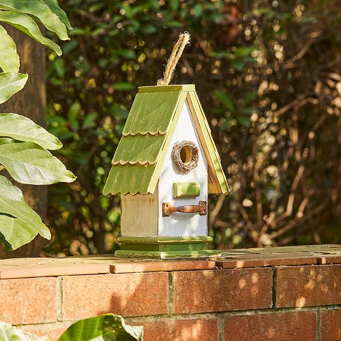Glitzhome Bird Houses for Outside, Bluebird Houses for Outdoors, 10.75" H Green Roof Garden Wooden Birdhouse Hand Painted Hanging Distressed Bird House for Finch Cardinals Swallow Wren Chickadee
