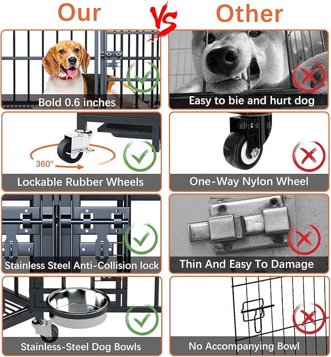 Dosker 42 inch Heavy Duty Metal Dog Crate with Divider for 2 Dogs/Large Dog, All Metal Open Top Escape Proof Cage, Indoor Dog Kennel with Wheels, Floor Grid, Tray, Feeding Bowl