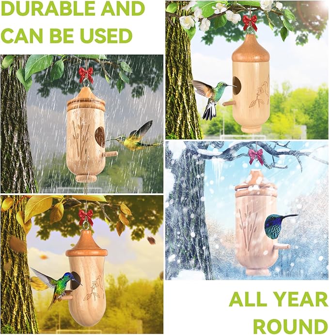Hummingbird House, Solid Wood Hummingbird Houses for Outside-Exquisitely Handcrafted Birdhouse with Ribbon and String Hanging Kit, Durable Garden Decor, Perfect Gardening Gift (Style-ABC, 3 Pack)
