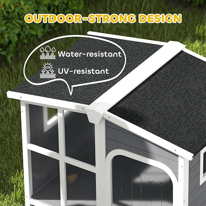 PawHut Cabin-Style Wooden Dog House for Large Dogs Outside with Openable Roof & Giant Window, Big Dog House Outdoor & Indoor, Asphalt Roof, Gray