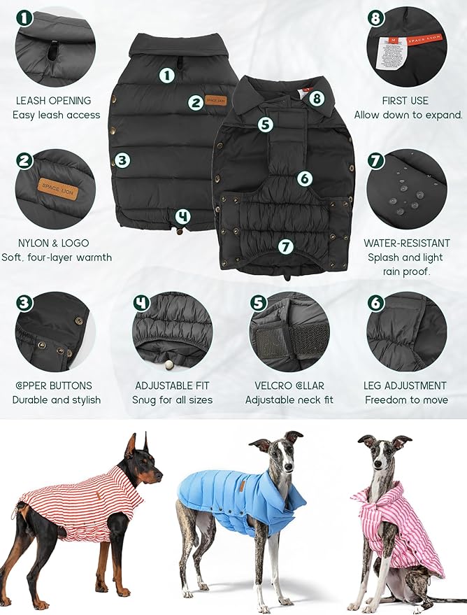 SPACE LION Puffer Jacket, Down Winter Coat, Durable Outdoor Coat for Cold and Windy Conditions, Waterproof, Windproof, Lightweight Jacket, Adjustable Fit for Small, Medium Dogs(Black,M)