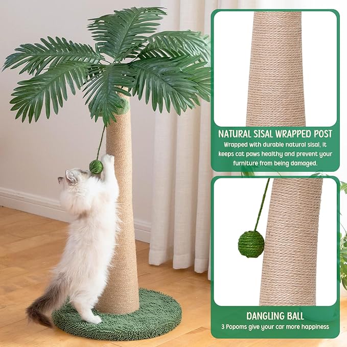 43 Inches Tall Cat Scratching Post for Large Cat, Coconut Tree Shaped Sisal Scratcher for Indoor Cat with 3 Pompoms
