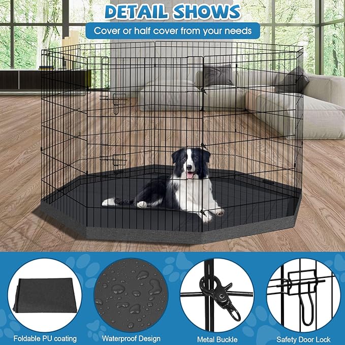 Peekaboo Dog Pen Pet Playpen Dog Fence Indoor Foldable Metal Wire Exercise Puppy Play Yard Pet Enclosure Indoor Outdoor 8 Panels 36 Inch with Bottom Pad/Top Cover(Black 36 Bottom Cover)